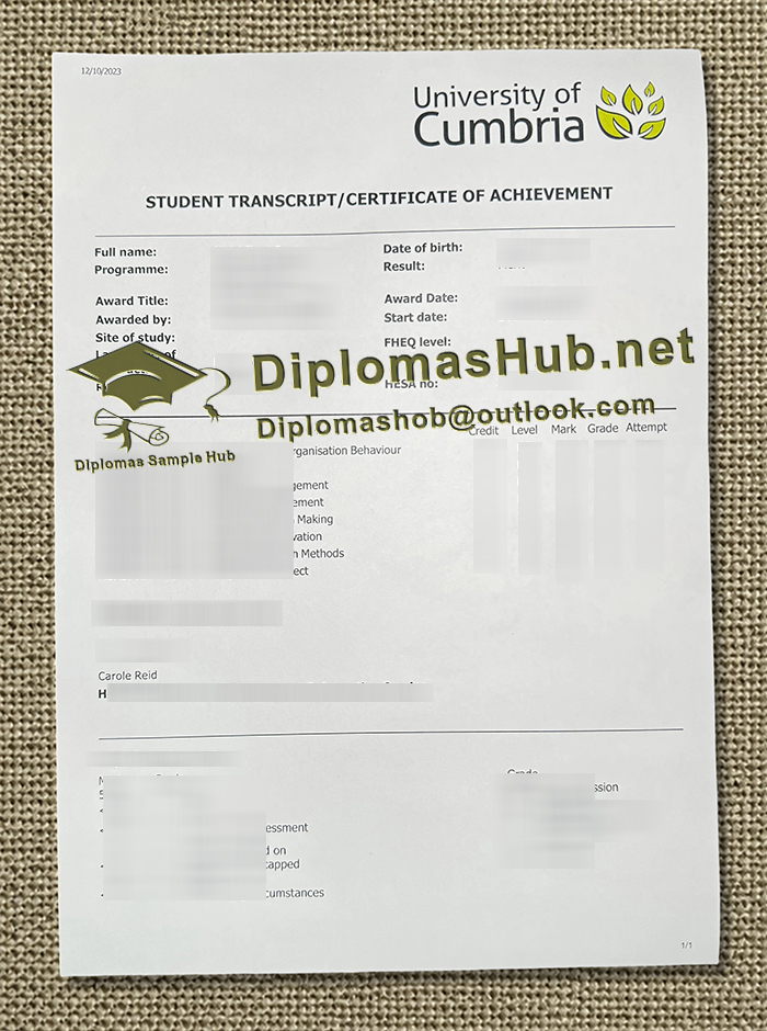 University of Cumbria Transcript